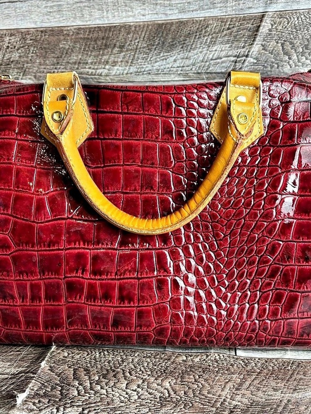 Beverly Feldman Crocodile Embossed Satchel in Red Valentines Hearts